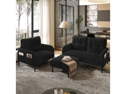Conjunto De 3 Peças Poltrona, Pufe, Sofá De 2 Lugares Com Bolso Lateral, Estrutura Em Aço E Encosto Extra Flexível Preto Estilo