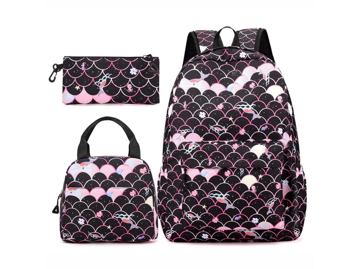 Mochila Lancheira Térmica 16 Polegadas E Estojo Para Lápis Sereia Preto (3 Peças) Elysve