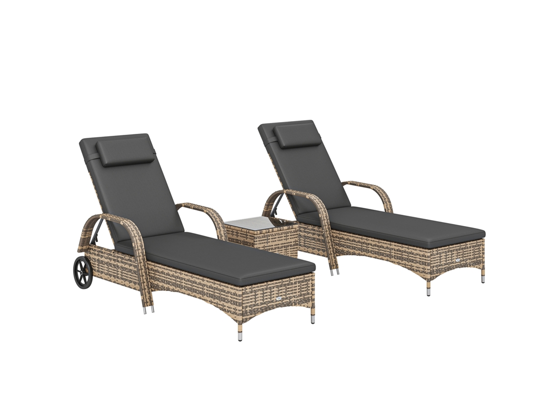 Conjunto de 2 espreguiçadeiras ZENCORE SERVICES com colchão, apoio de cabeça, inclinação, rodas, mesa de centro de vidro