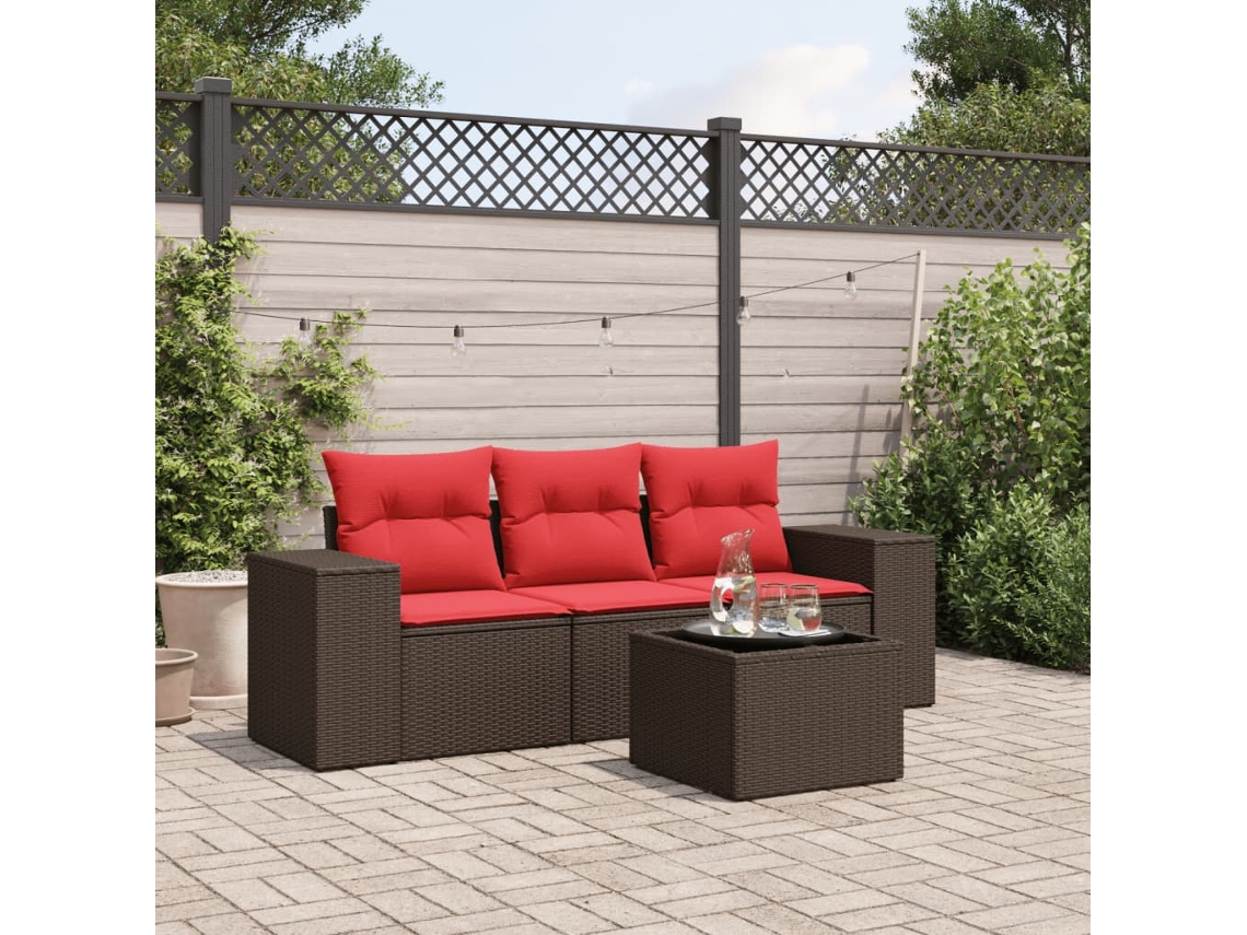Vidaxl Conjunto De Sofá De Jardim Com 4 Peças E Almofadas Em Rattan Sintético Marrom