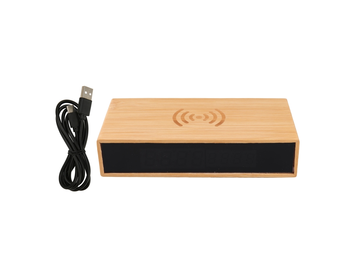 Relógio Despertador Digital de Bambu com Carregamento Sem Fio e Led Multifuncional