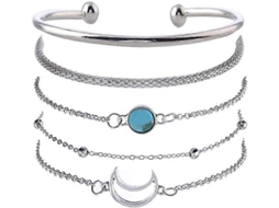 Conjunto De 5 Pulseiras De Prata Com Pingente De Lua, Turquesa E Pérolas, Para Mulheres E Meninas. Nostalgia88