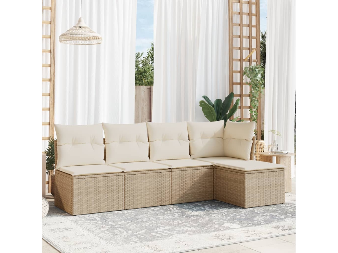 Conjunto de 5 Sofás para Jardim com Almofadas Vime Pe Bege Dkd Home Decor