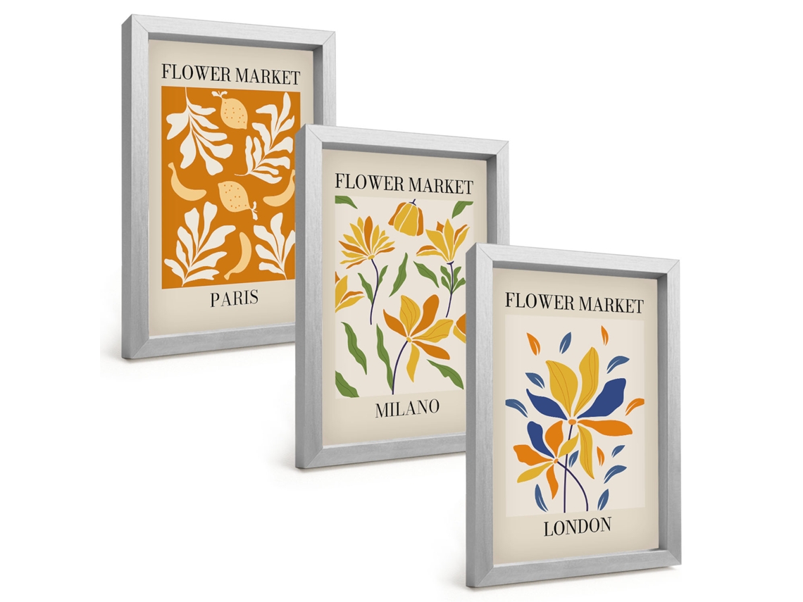 Conjunto De Pinturaspôsteres Florais Paris Milão Londres Moldura Prateada Quadros Para A Sala De Estar Espelharte (3 Peças 20x30 Cm)