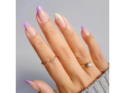 Dicas de Unhas Falsas Artificiais Florais Roxo Claro Branco Longas Removíveis Diy 24pcs