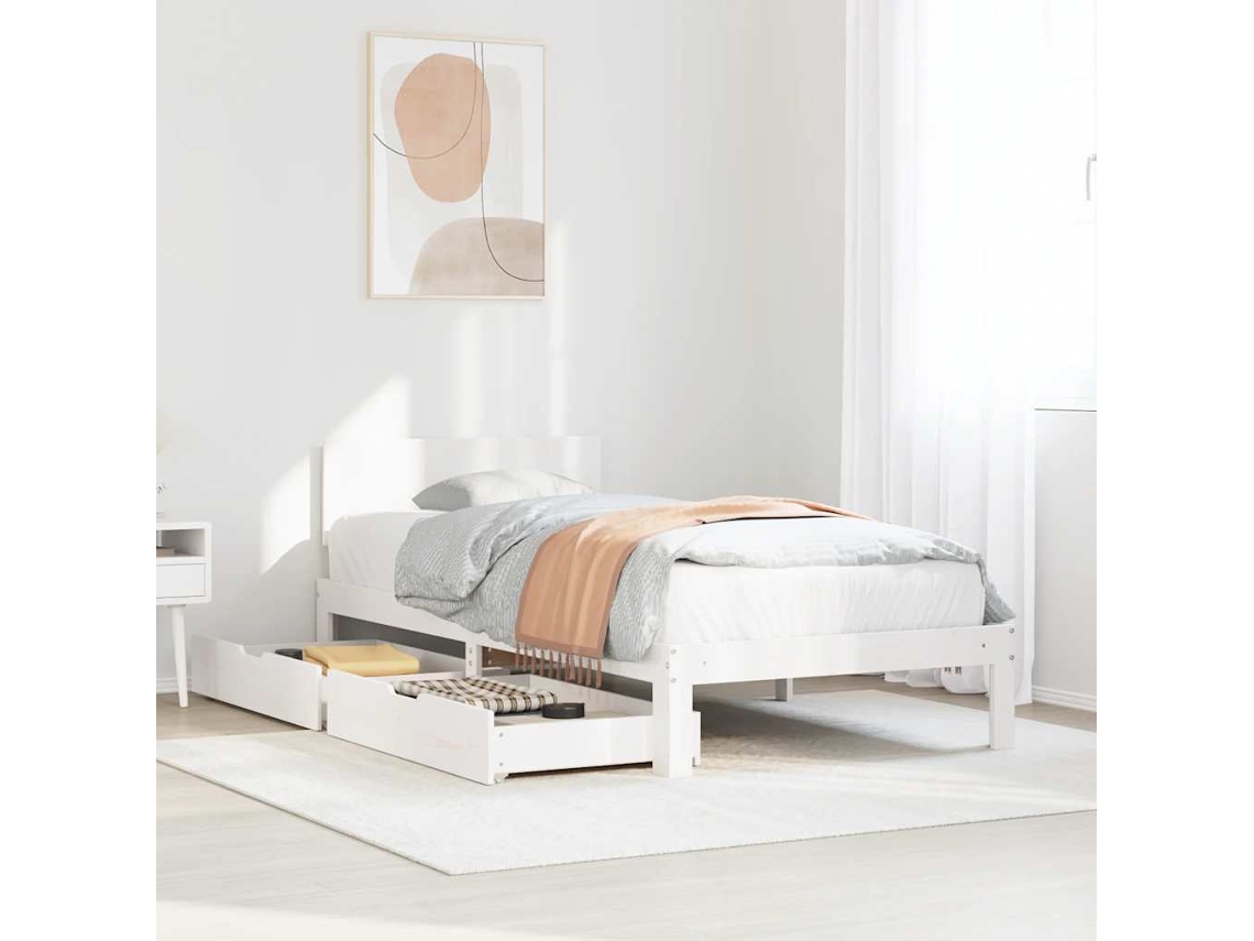 Vidaxl Estrutura De Cama C/ Gavetas 90x200 Cm Pinho Maciço Branco