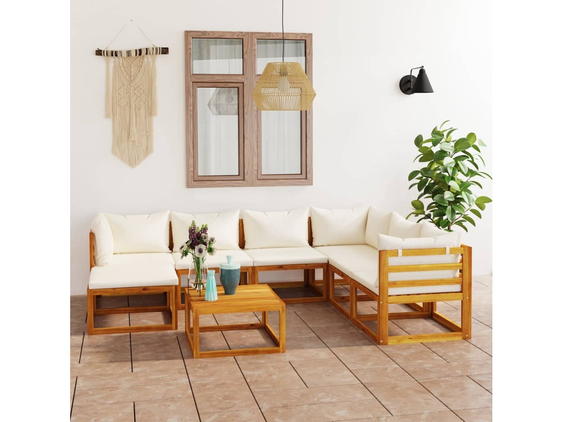 Vidaxl 8 Pcs Conjunto Lounge Jardim C/ Almofadões Acácia Maciça Creme