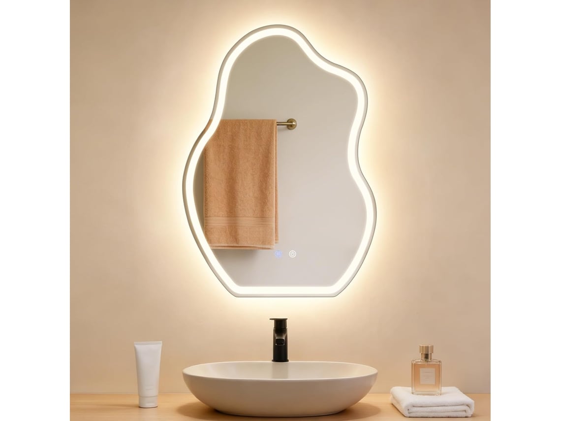 Espelho Banheiro Led Assimétrico 50x70cm, Touch, Desembaciador, Regulável 3000-6500k, Ip44, Parede.