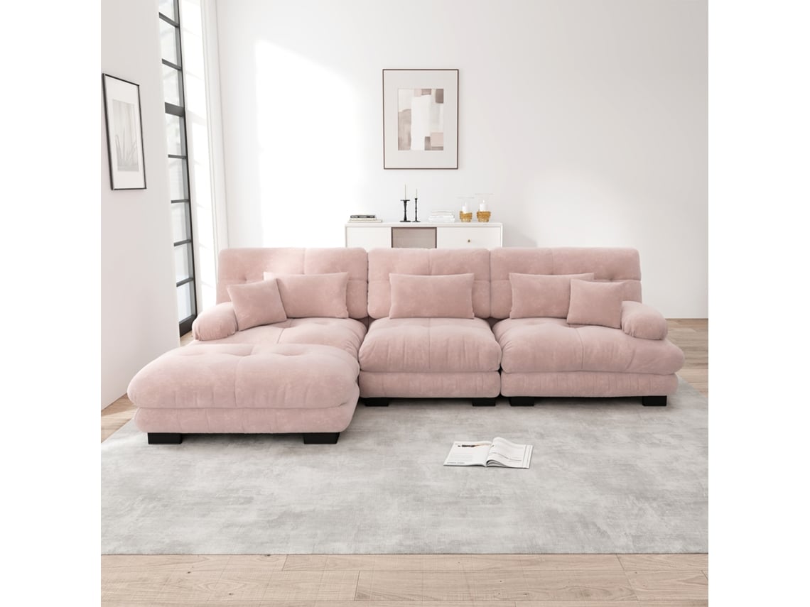 Sofá Modular Cloud Em L Rosa Com Ottoman E Assento Profundo