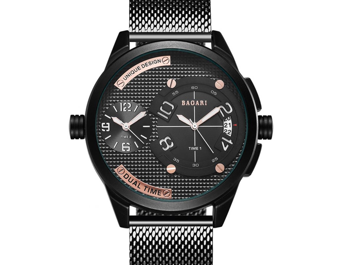 Relógio de pulso masculino casual Bagari com tela de malha e mostrador redondo, movimento de quartzo.