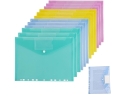 12 Pastas Plásticas A4, Sacos Transparentes Perfurados A4, 6 Pastas Transparentes Coloridas, Sacos Plásticos A4 com Botões BRILVIBERA