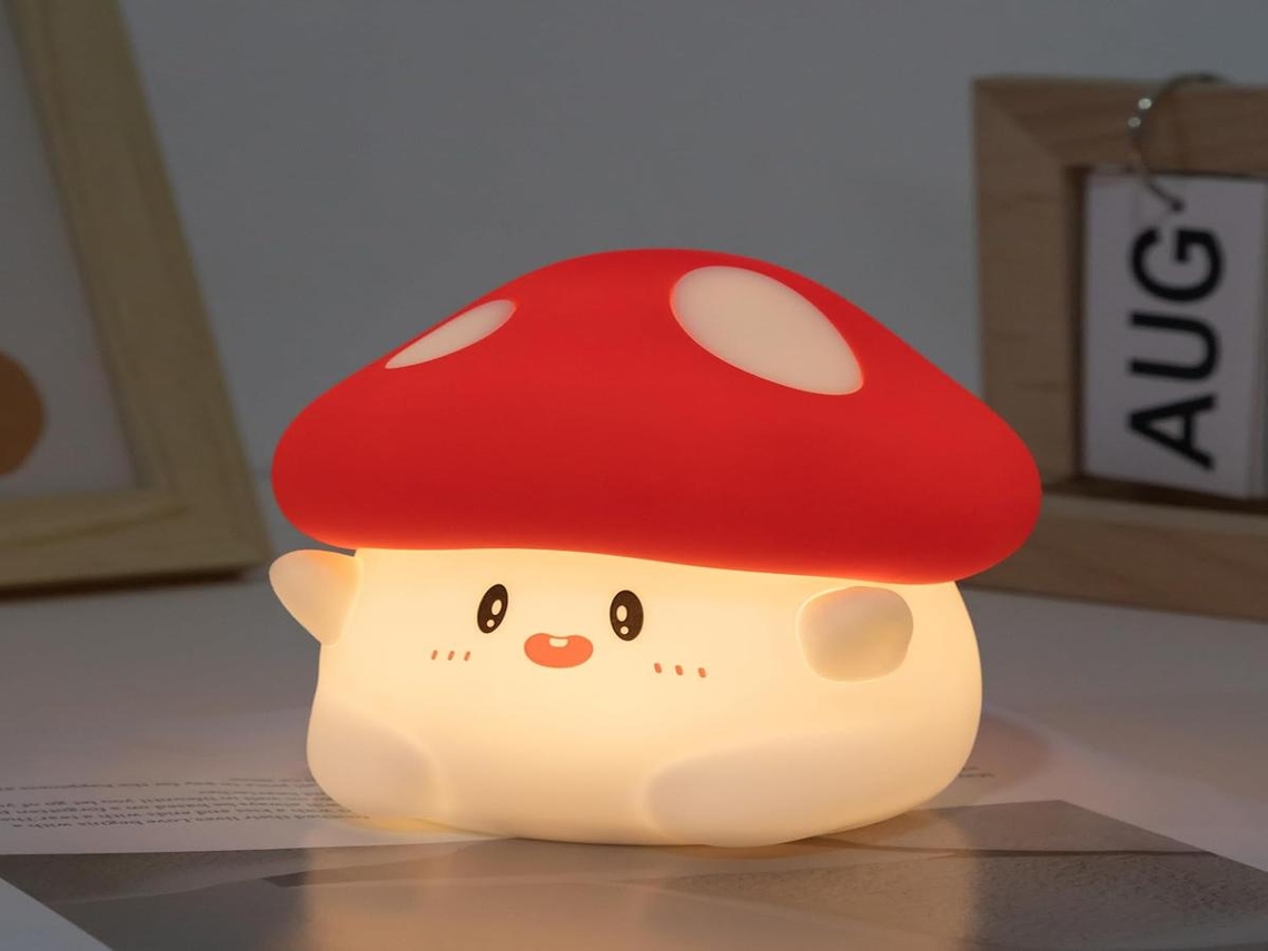 Luminária noturna Lurelia em formato de cogumelo, feita de silicone livre de BPA, recarregável via USB, com sensor de toque e temporizador para bebês e crianças.