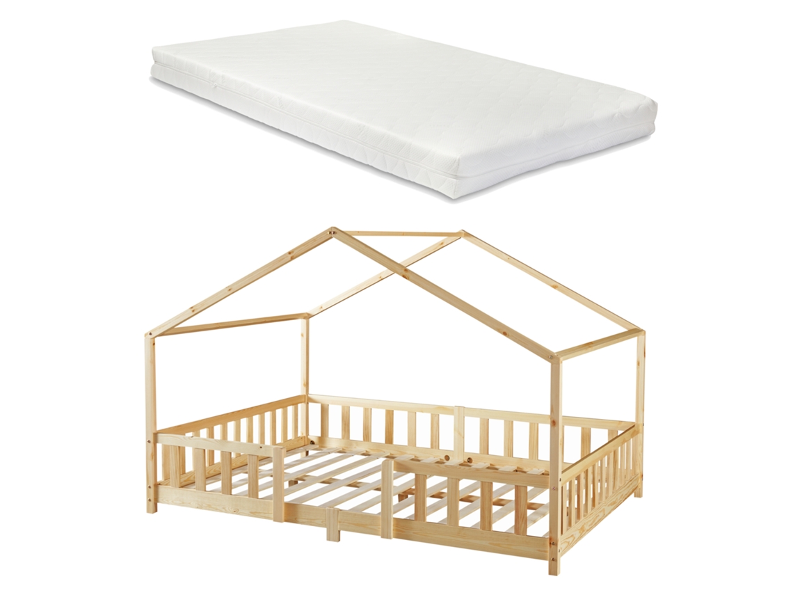 Cama de Criança Treviolo em Forma de Casa Pinho + Colchão 120X200Cm Pinho Natural En.Casaneu.Haus.