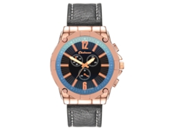 Relógio masculino de quartzo com pulseira de couro PU, estilo executivo, mostrador de três mostradores, dourado rosê, preto.