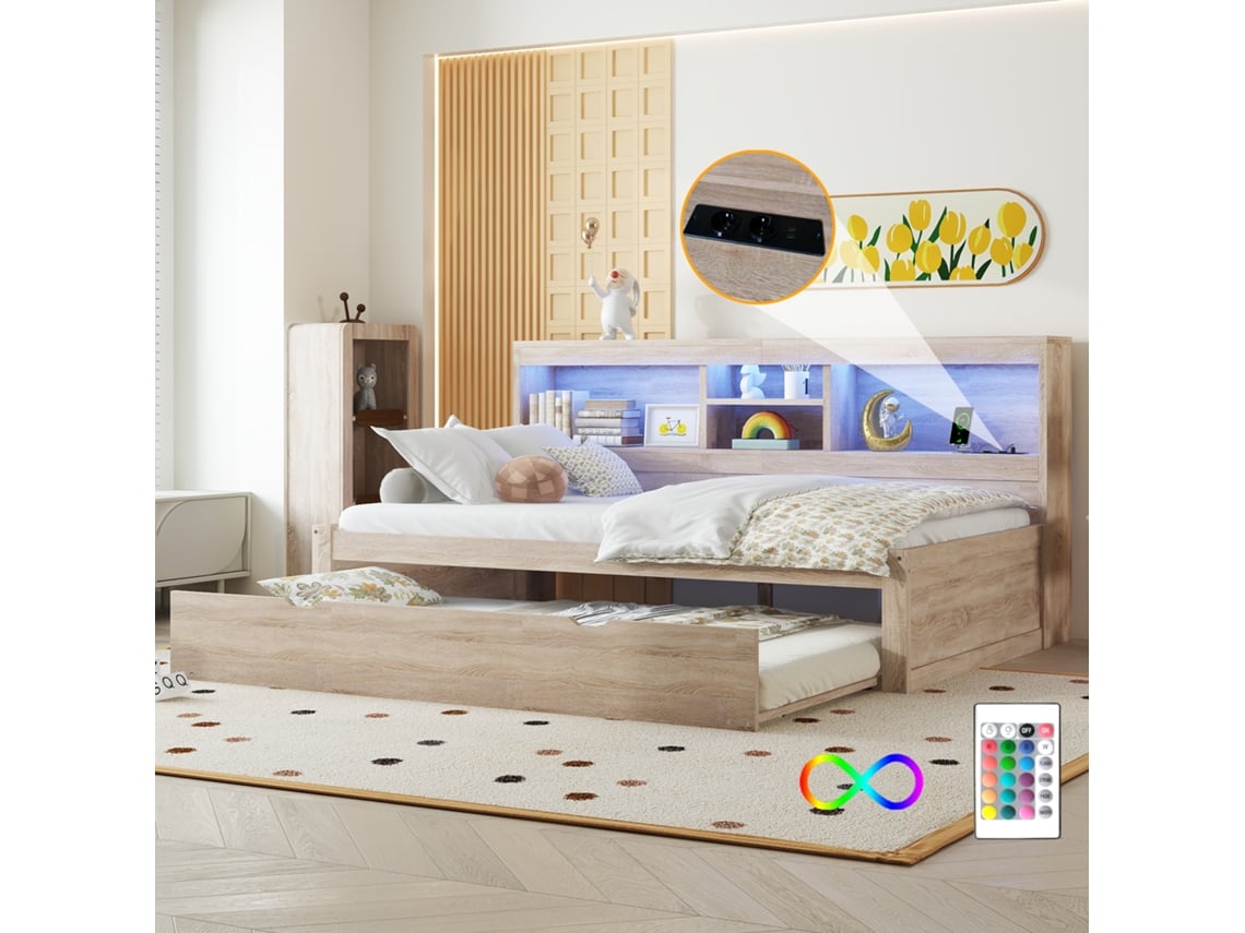 Sofá-cama 90x200 C/ Led, Extensível Usb E Acabamento Natural