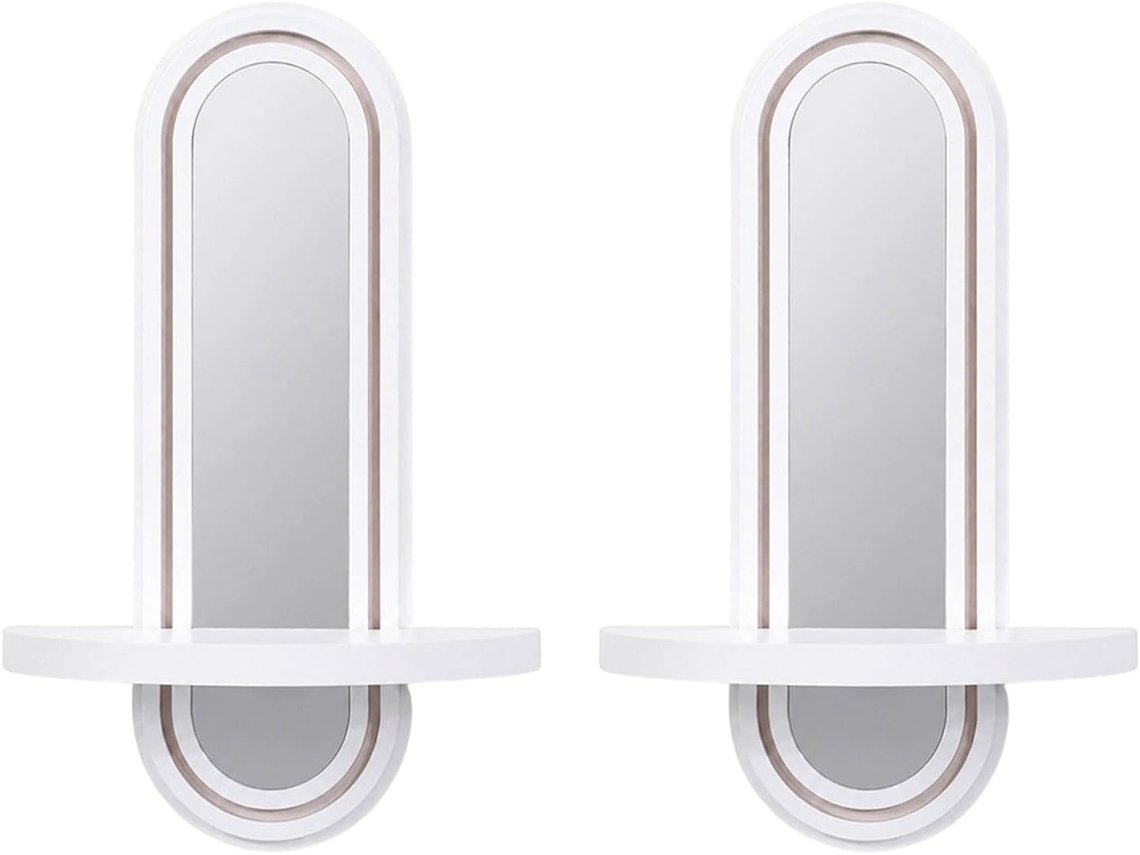 Organizador De Parede Com Painel Oval Refletor, Moldura Canelada Branca E Prateleira Frontal Para Armazenamento Em Hall