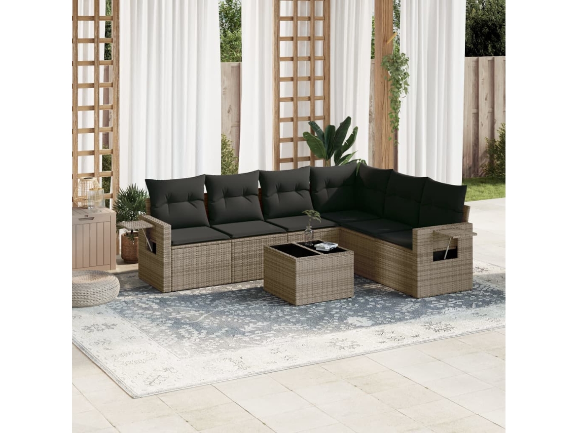Vidaxl 7 Pcs Conjunto Sofás P/ Jardim C/ Almofadões Vime Pe Cinzento