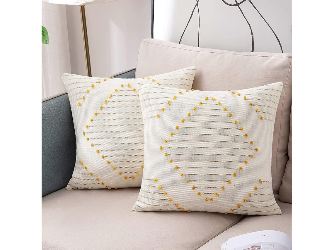 2 Capas De Almofada 45x45 Cm, Estilo Boêmio, Tecido Moderno, Amarelo E Branco