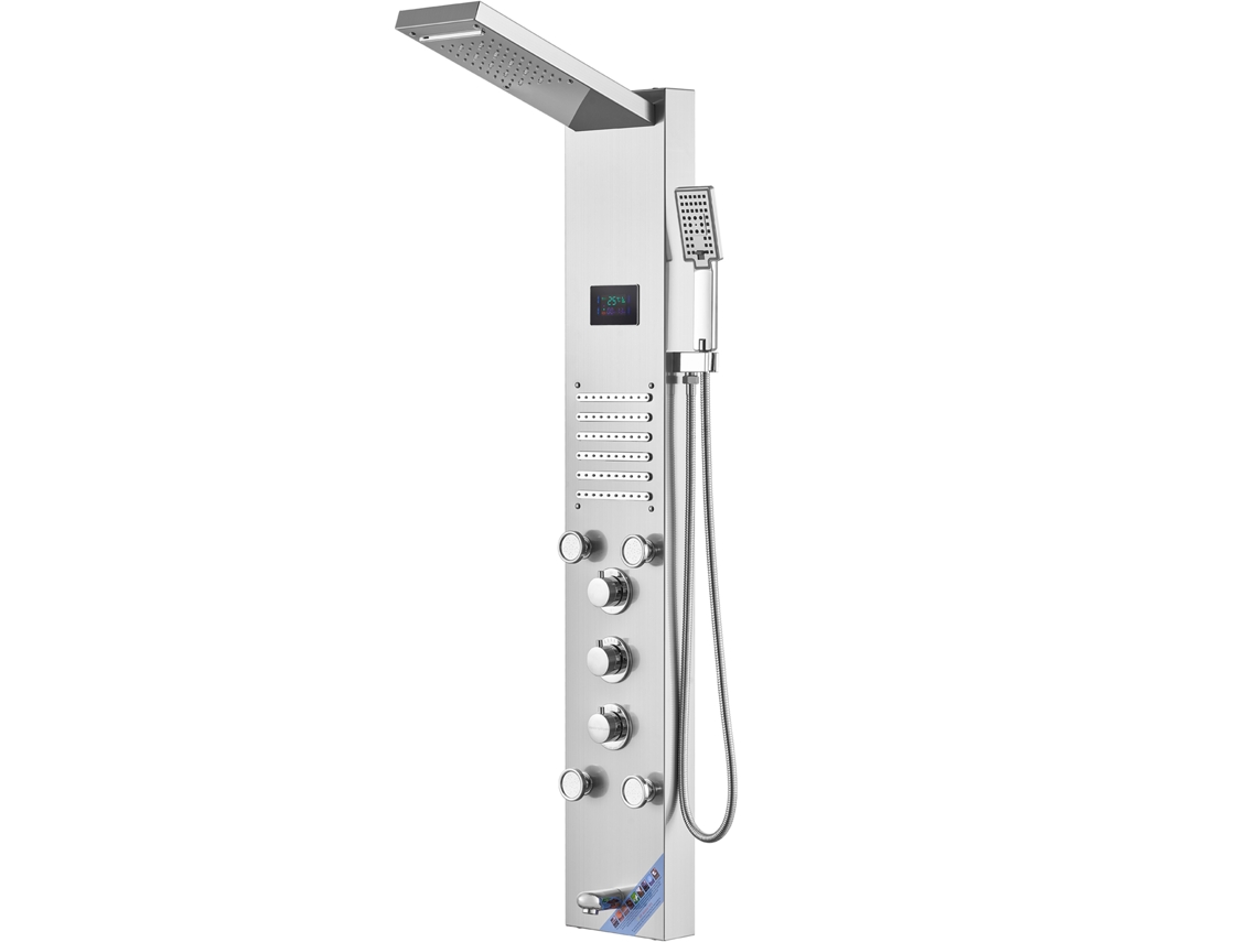 Sistema de Painel Chuveiro com 6 Modos, Hidrelétrico, Tela Led, Chuva, Cascata, 5 Jatos Massagem, Bica para Banheira, Mão, Conjunto