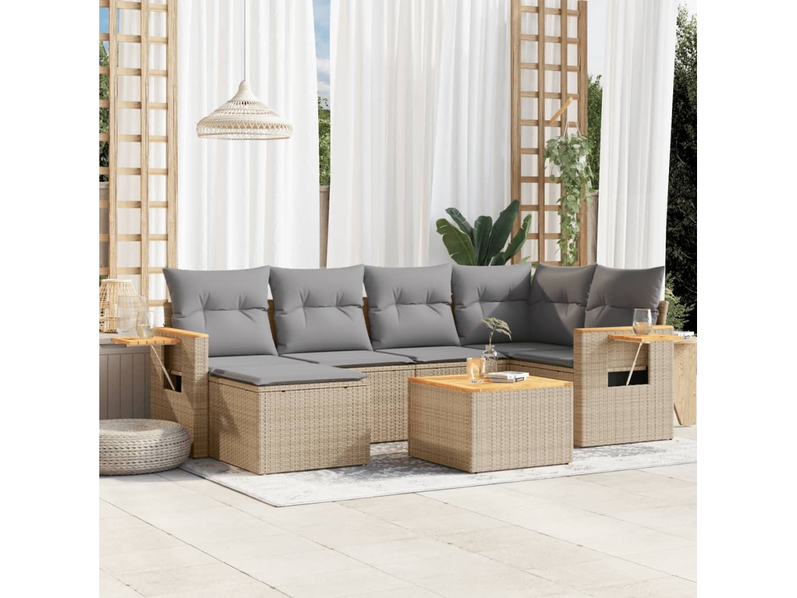 Vidaxl 7 Pcs Conjunto De Sofás P/ Jardim Com Almofadões Vime Pe Bege