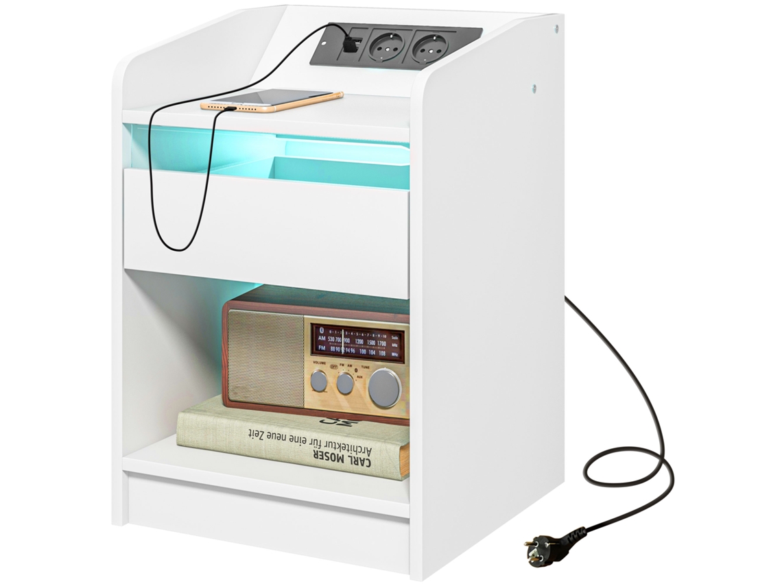Mesa De Cabeceira Com Luzes Led Gaveta Prateleira Estação De Carregamento Entrada Usb E Controlo Remoto 40x40x58 Cm Branco