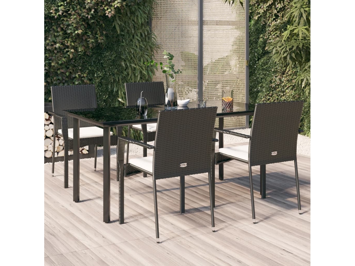Vidaxl 5 Pcs Conjunto De Jantar P/ Jardim C/ Almofadões Vime Pe Preto