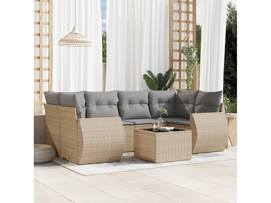 Vidaxl 7 Pcs Conjunto De Sofás P/ Jardim Com Almofadões Vime Pe Bege