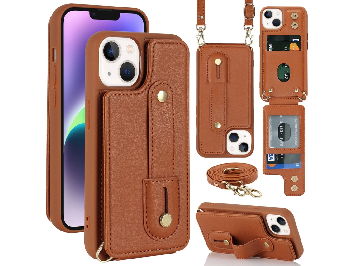 Capa Transversal com Alça e Suporte para Iphone 14 Pro (marrom AQUAFORGE