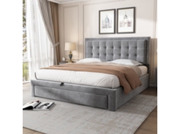 Cama Contentor Estofada Em Veludo 140x190cm - Com Gaveta E Estrado De Molas - Cinzento (sem Colchão)