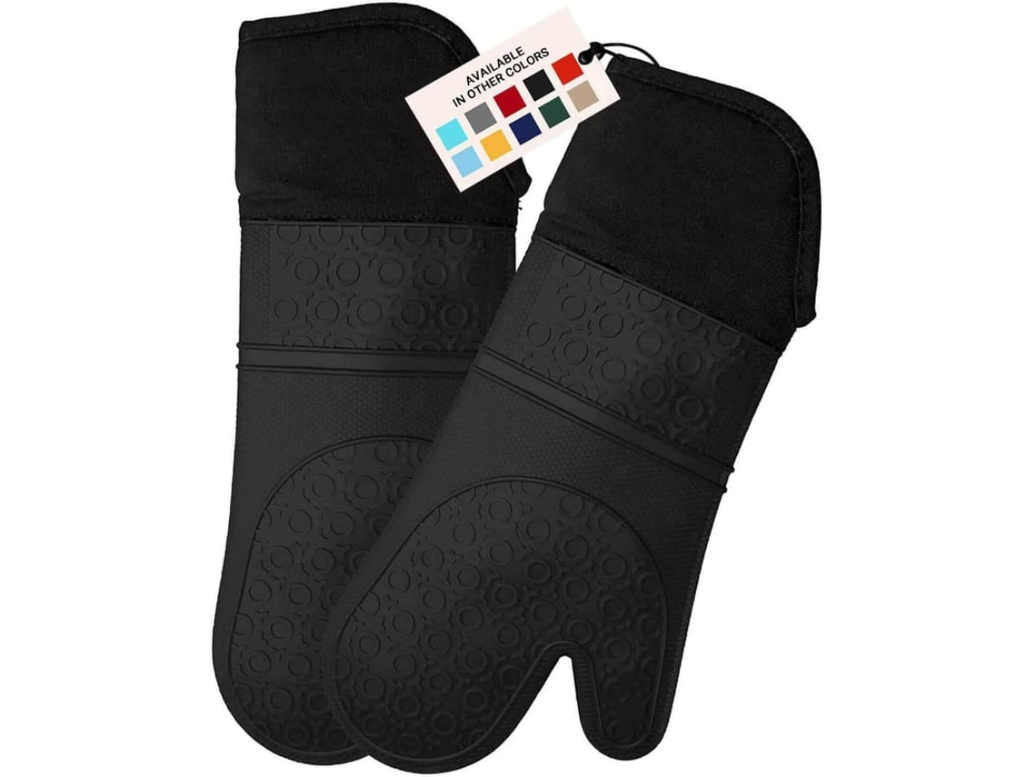 Luva De Silicone Profissional Forno Extra Longa, Forro Acolchoado, Resistente Ao Calor, Flexível, Preto, Par 14,7 Polegadas