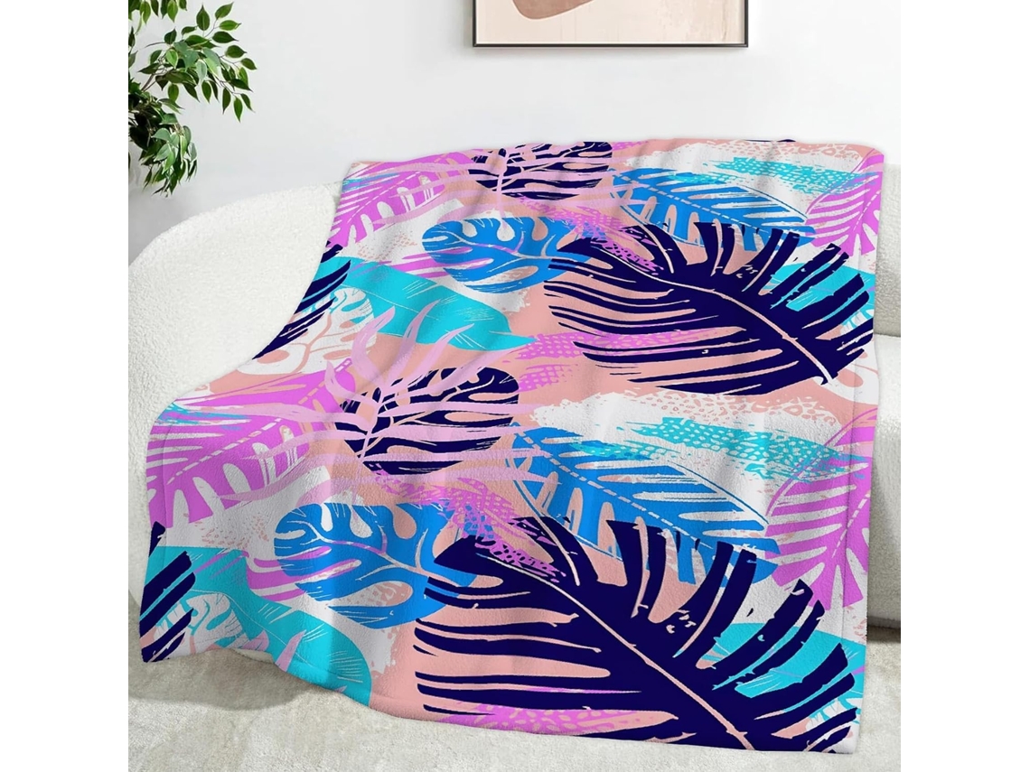 Manta com Estampa de Folhas Coloridas Plantas Tropicais 180x200 Cm Multifuncional Macia Aconchegante em Flanel