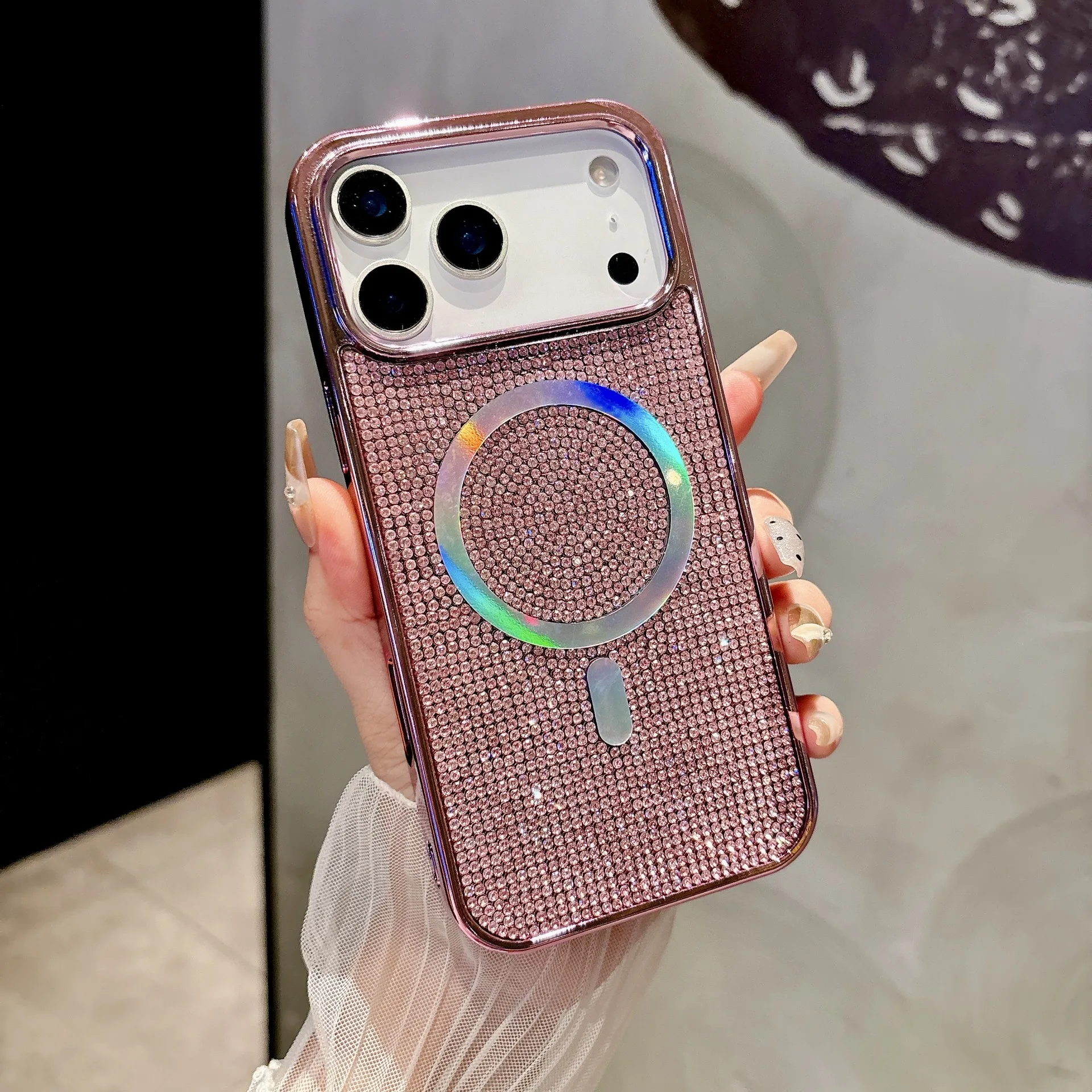 (rosa, Iphone 16 Plus) Capa De Celular Luxuosa, Brilhante E Magnética, Com Strass E Moldura De Metal Galvanizado.