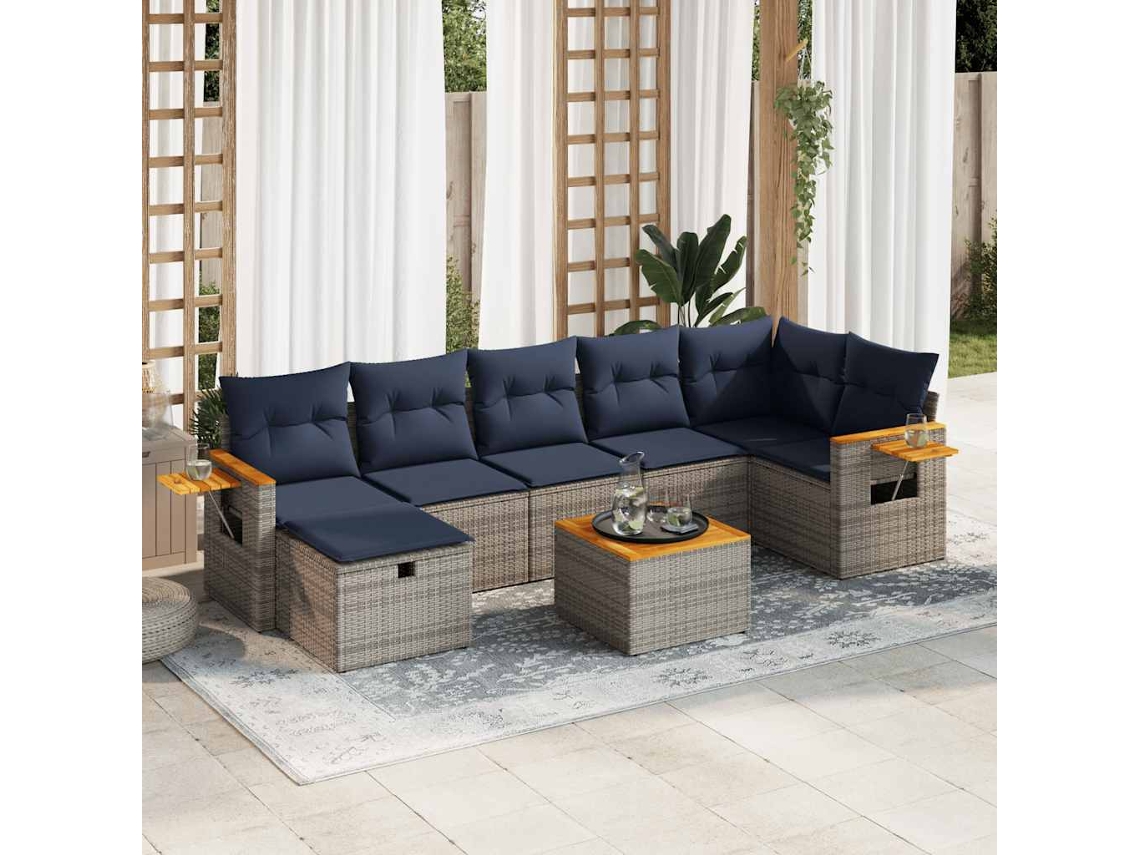 Vidaxl 8 Pcs Conjunto Sofás De Jardim C/ Almofadões Vime Pe Cinzento