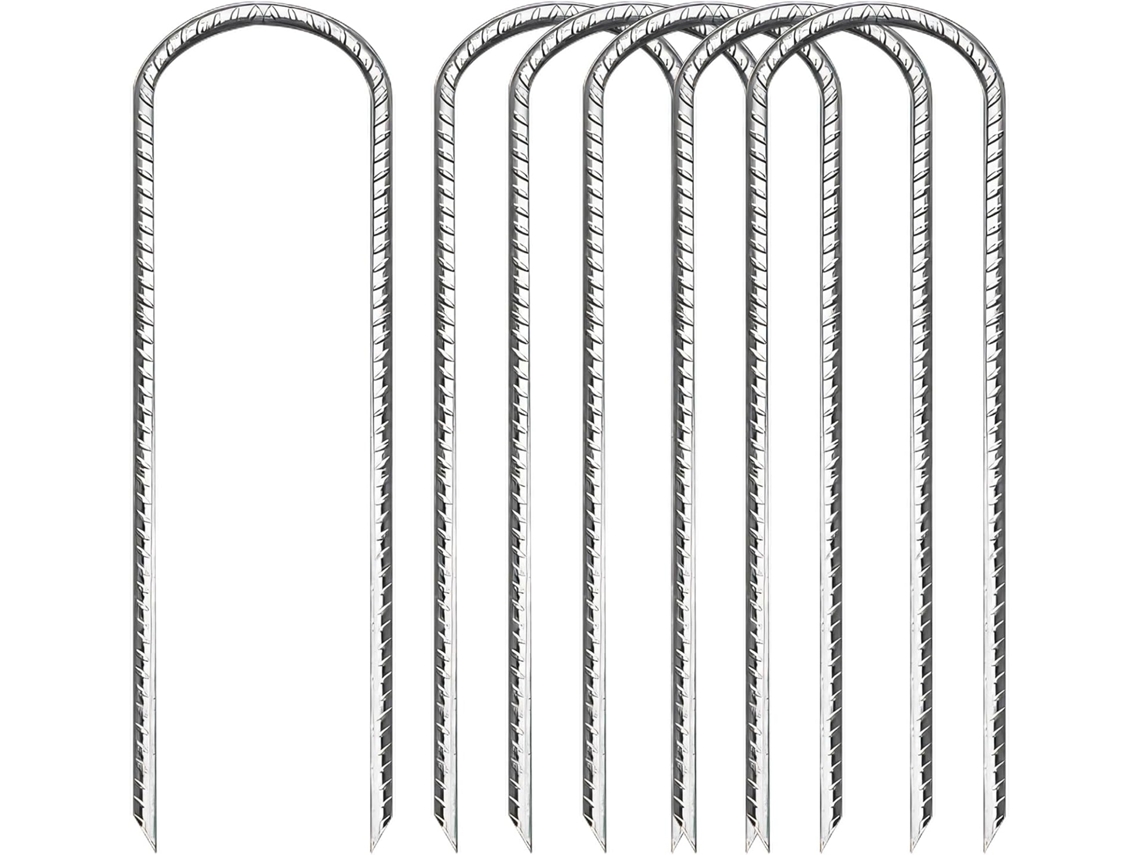 Conjunto de 6 estacas de aço galvanizado de 30 cm para fixação no solo, em formato de U, com fio antiderrapante e ponta afiada.