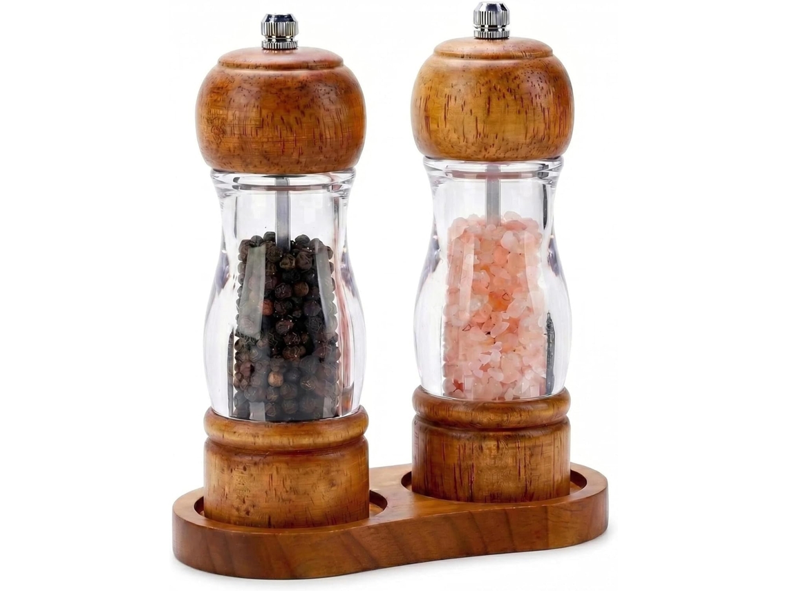 Conjunto de Moedores Sal e Pimenta Madeira Acácia 16 Cm com Bandeja, Especiarias Manuais Recarregáveis ​​com Visor Acrílico Ajuste Cerâmica. AQUAFORGE
