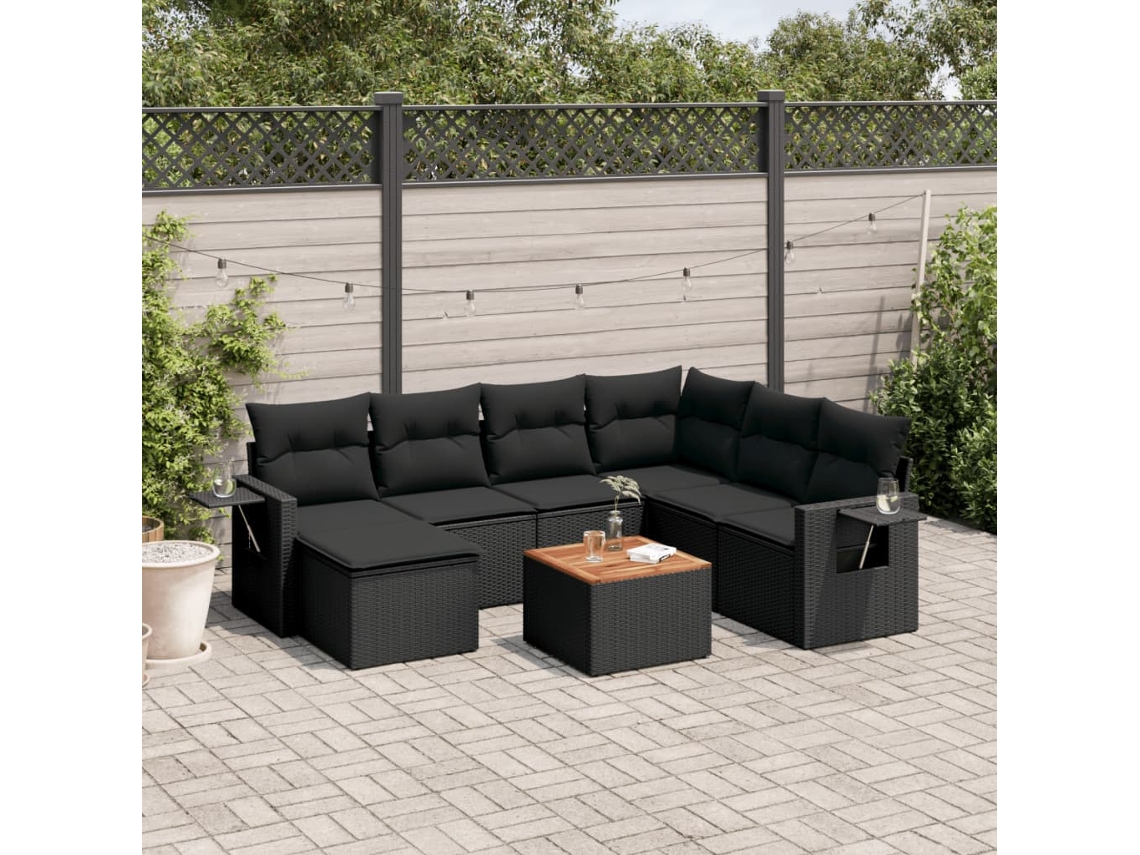 Vidaxl 8 Pcs Conjunto Sofás De Jardim Com Almofadões Vime Pe Preto