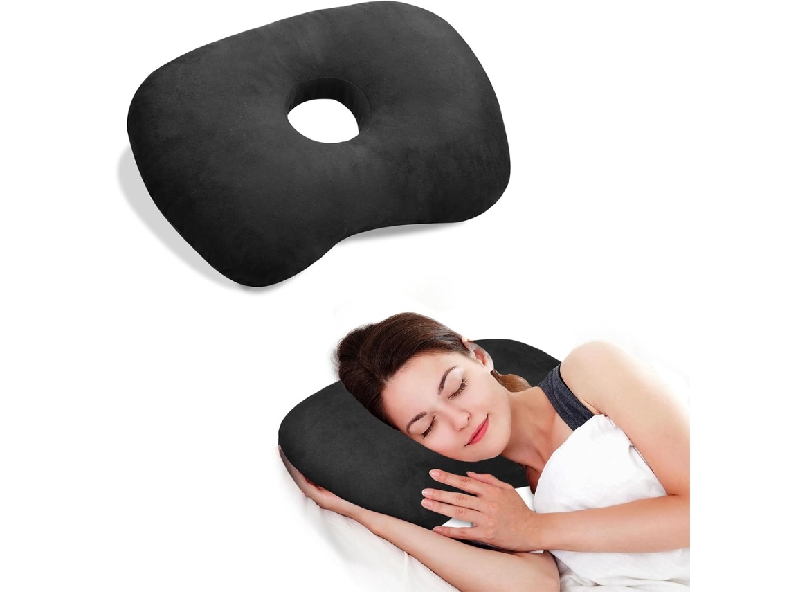Travesseiro com Orifício para Orelha, Algodão, Poliéster, Ajustável, para Dormir de Lado, Orifício Auricular, Preto AQUAFORGE
