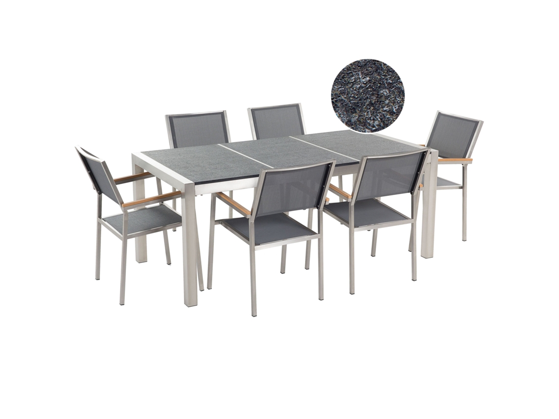 Conjunto De Refeição De Jardim Para 6 Pessoas Beliani Grosseto De Granito, Aço Inoxidável Preto/cinzento 180x90x70
