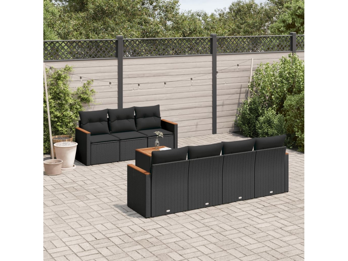 Vidaxl 8 Pcs Conjunto Sofás De Jardim Com Almofadões Vime Pe Preto