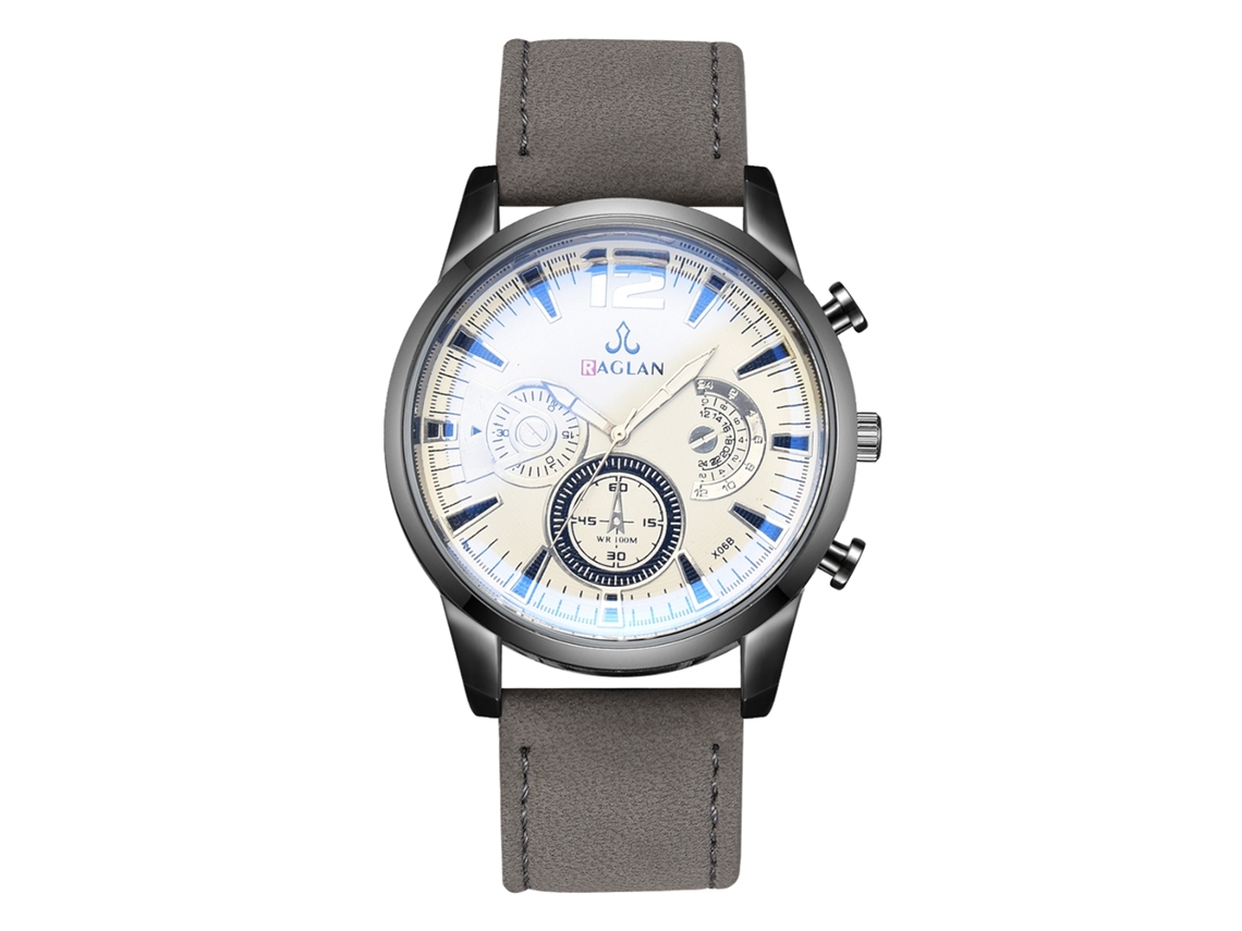 Reloj De Cuarzo Para Hombre Con Correa De Cuero Pu Moda Dial De Tres Ojos Gris