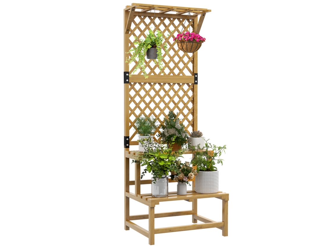 Suporte Para Vasos De 2 Níveis Em Madeira Com Treliça, Para Jardim E Pátio, 60x50x166 Cm, Madeira