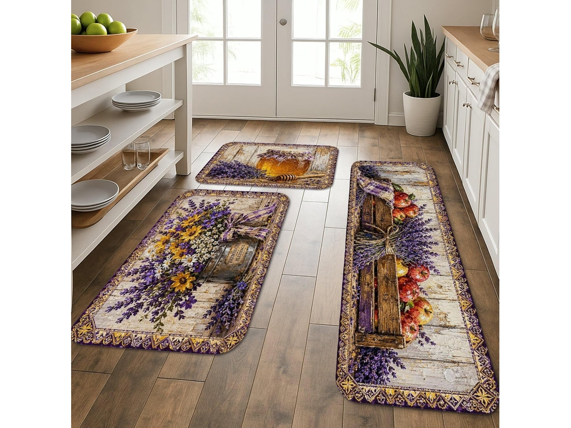Tapetes de cozinha clássicos com estampa floral em tons de lavanda, violeta e girassol, laváveis e decorativos para uma cozinha.