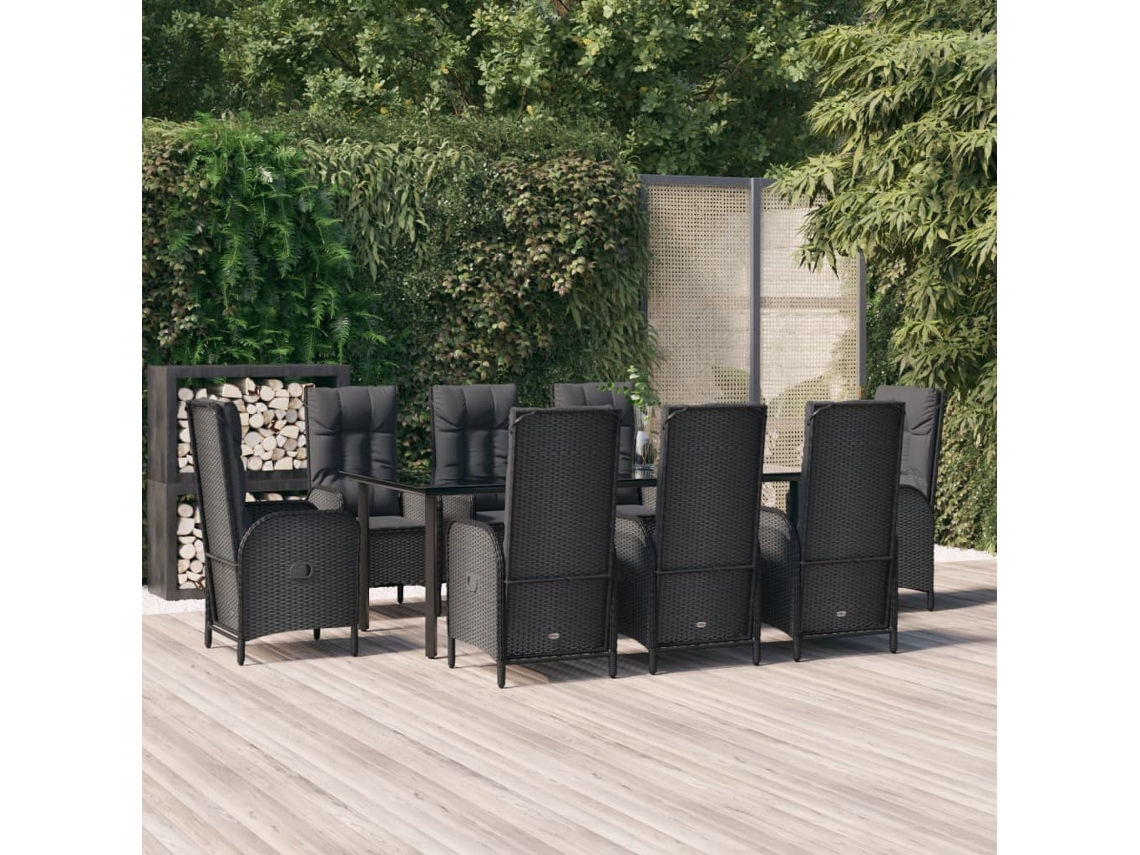 Vidaxl 9 Pcs Conjunto De Jantar P/ Jardim C/ Almofadões Vime Pe Preto