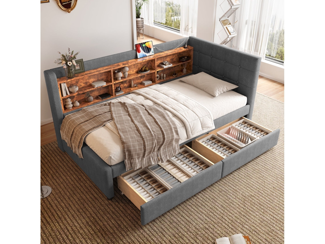 Beliche diurno 90x200cm linho, 2 gavetas, USB c, compartimentos, ripas, capacidade 150kg, sem colchão, cinza, KOMHTOM