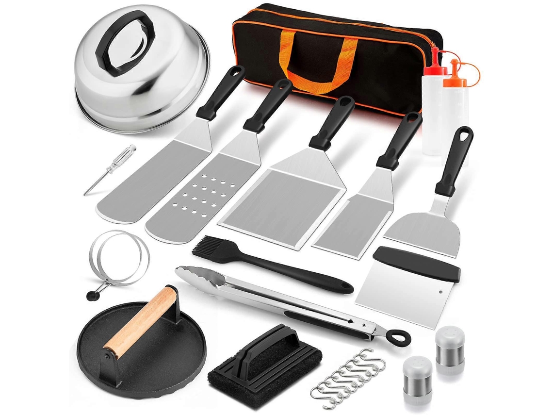 Kit De 18 Acessórios Para Chapa De Churrasco Ao Ar Livre, Utensílios Resistentes Para Grelhar, Incluindo Espátulas, Prensa E Cúpula Para Derreter Quei
