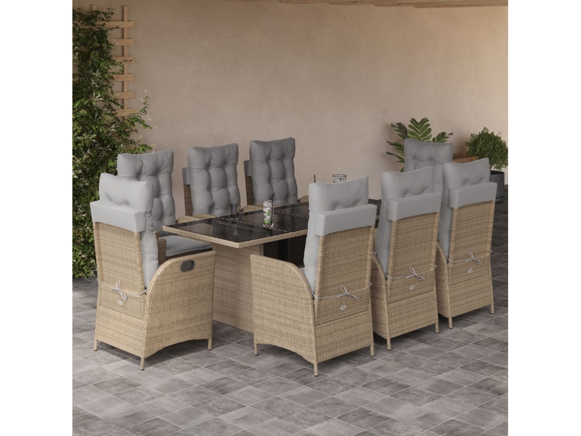 Vidaxl 9 Pcs Conj. Jantar Jardim C/ Almofadões Vime Pe Bege Misturado