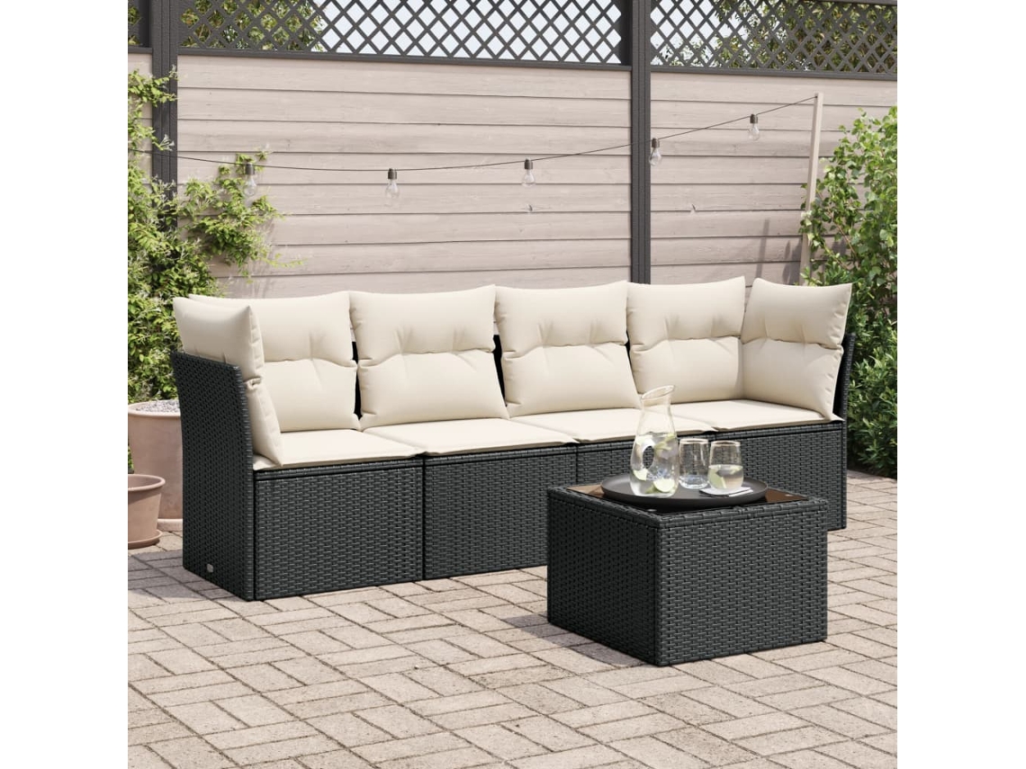 Vidaxl 5 Pcs Conjunto Sofás de Jardim com Almofadões Vime Pe Preto