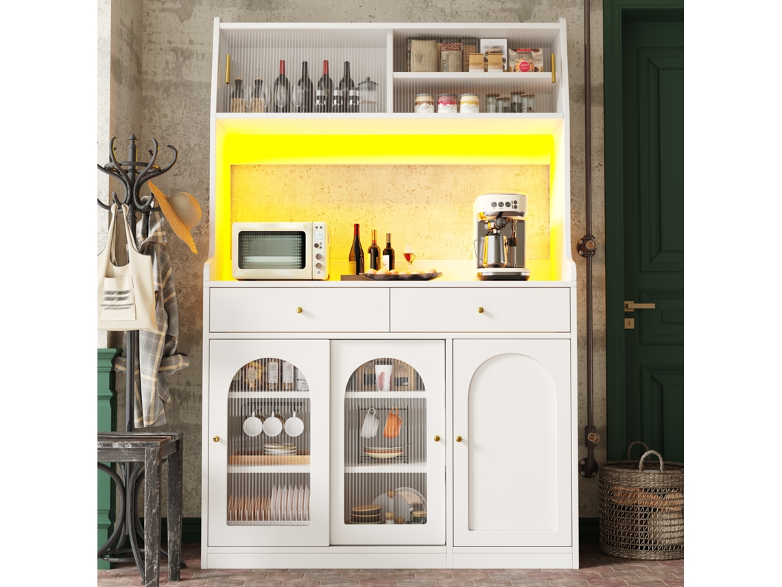 Armário De Cozinha, Armário Alto, Vitrine, Buffet Com Prateleiras Ajustáveis, Aparador Com 2 Gavetas, Cômoda Com Luz Led, Cores Variáveis, Branco.
