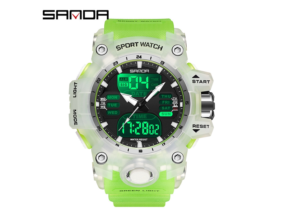 Relógio Digital Moderno com Acabamento Luminoso, À Prova D'água, Resistente a Choques e com Despertador. MDUG (verde Transparente Masculino)