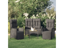 3 Pcs Conjunto De Jantar P/ Jardim C/ Almofadões Vime Pe Preto Dkd Home Decor